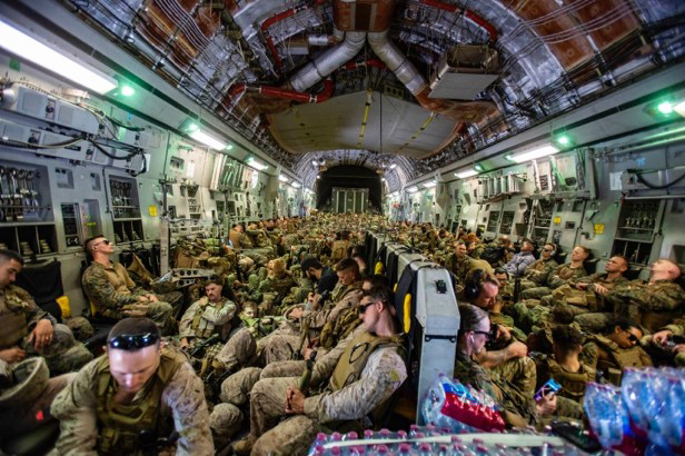 Marines assigned to the 24th Marine Expeditionary Unit (MEU) fly to Hamid Karzai International Airport, Kabul, Afghanistan, August 17. Marines are assisting the Department of State with an orderly drawdown of designated personnel in Afghanistan. 